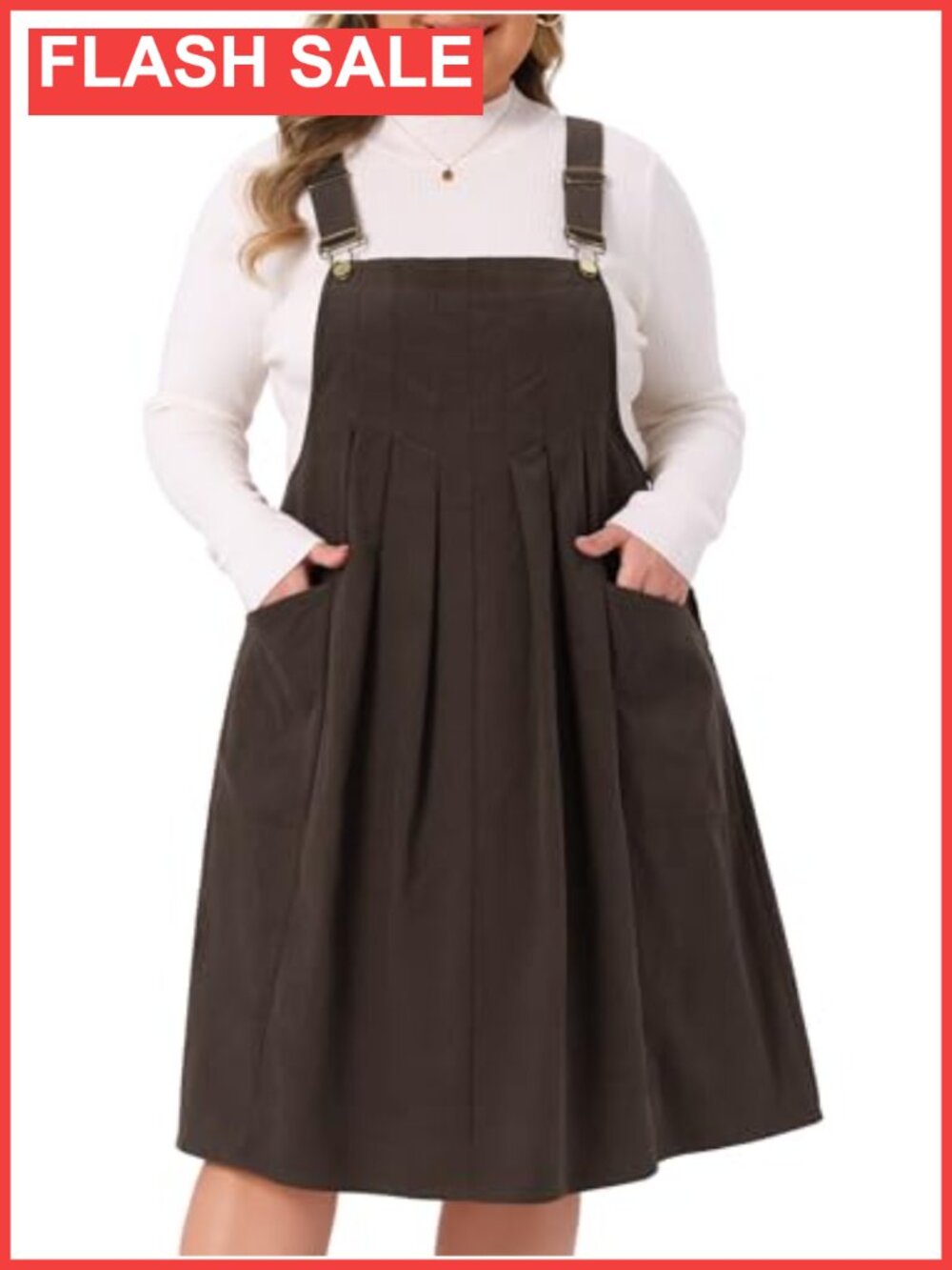 Plus Size Corduroy Pinafore Overall Dress Adjustable Straps A-Line Midi